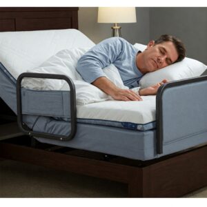 A person sleeping soundly in an adjustable bed with bed rails.