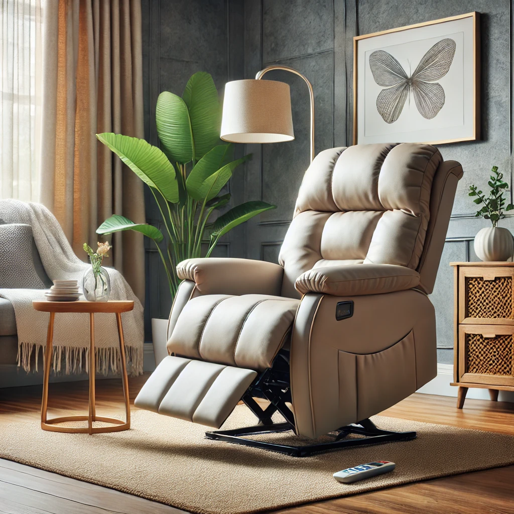A luxurious lift chairs recliners in a cozy living room, designed for elderly comfort and mobility support, featuring soft cushioning and an easy-to-use remote.