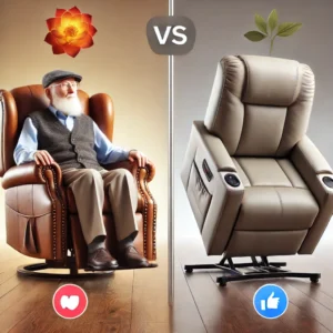 A side-by-side comparison of a budget lift chair recliner and a premium model, highlighting differences in material, features, and comfort.