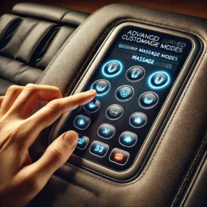 Close-up of a massage reclining chair's digital control panel, showing a user adjusting settings for massage modes and reclining positions.