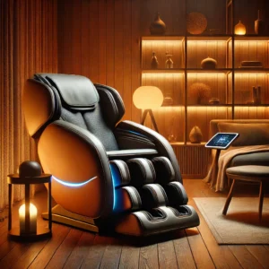Luxury massage chair with deep tissue massage technology, built-in heat therapy, and a reclining function in a cozy relaxation corner.