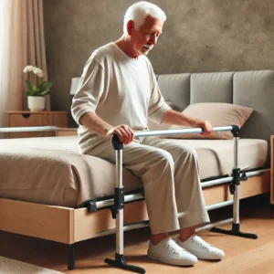 Elderly person using a queen-size bed with safety rails for added support and stability.