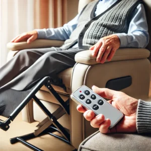 An elderly person comfortably using a lift chair recliner, demonstrating its lifting and reclining functions with an easy-to-use remote.