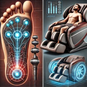 Close-up of the foot massage section on a massage reclining chair, displaying foot rollers and an air compression system for deep relaxation.
