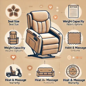 An infographic highlighting key factors to consider when purchasing a Golden lift chair, such as seat size, weight capacity, fabric options, and warranty.
