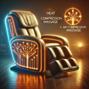 A massage reclining chair with glowing lines highlighting its heat therapy and air compression massage features.