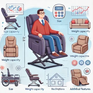 A step-by-step guide illustration for selecting the best lift chair recliner, covering factors like size, weight capacity, reclining positions, and additional features.