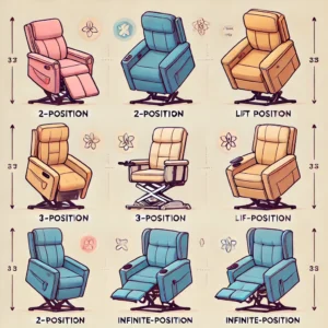 A comparison chart of different types of lift chair recliners, including 2-position, 3-position, and infinite-position models, highlighting their features and benefits