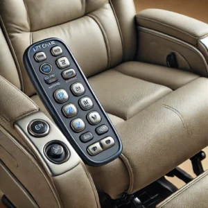 A close-up view of a lift chair recliner’s control panel, showing easy-to-use buttons for reclining, lifting, and massage functions