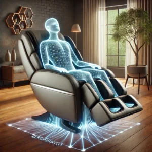 A massage reclining chair in full recline mode, showcasing the zero-gravity feature for enhanced comfort and relaxation. 