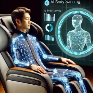 A person sitting in the Osaki AI Vera 4D massage chair while the AI body scanning feature adjusts the massage settings to their body shape for a personalized experience