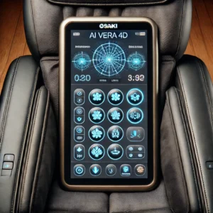 A close-up of the Osaki AI Vera 4D massage chair's control panel, displaying its touchscreen interface with various massage settings, including intensity levels, massage types, and customization options