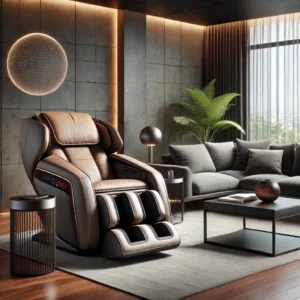 A modern living room featuring the Osaki AI Vera 4D massage chair as a stylish centerpiece, blending seamlessly with contemporary furniture and soft lighting