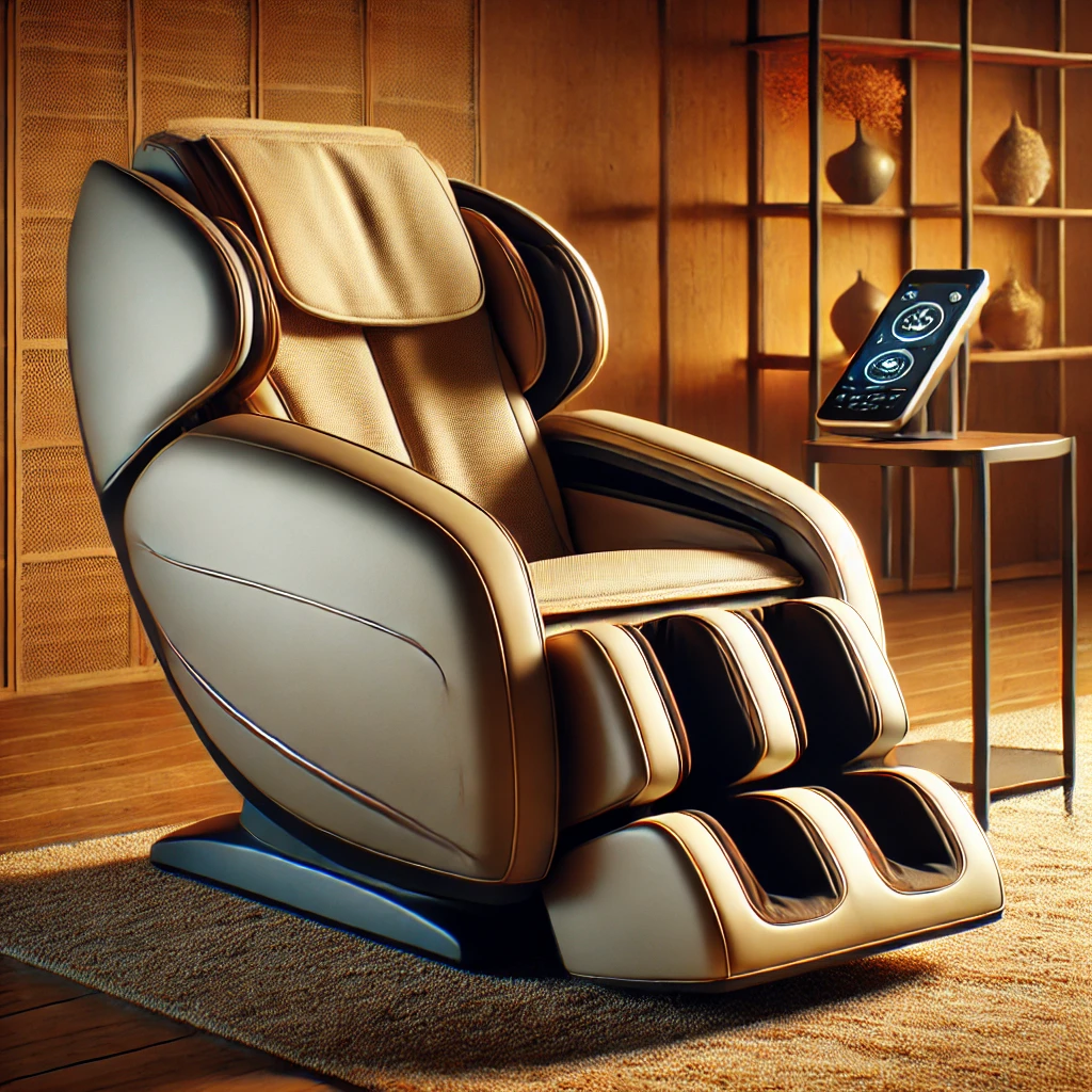 A luxurious and modern Panasonic massage chair in a relaxing home setting, featuring an ergonomic design, soft cushions, and a high-tech control panel for advanced relaxation.