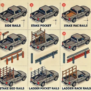 An infographic illustrating different types of truck bed rails, including side rails, stake pocket rails, and ladder rack rails, with labeled descriptions.