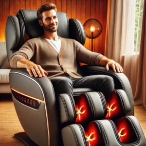 A person enjoying a heated massage session in a premium massage reclining chair, designed for stress relief and muscle relaxation.