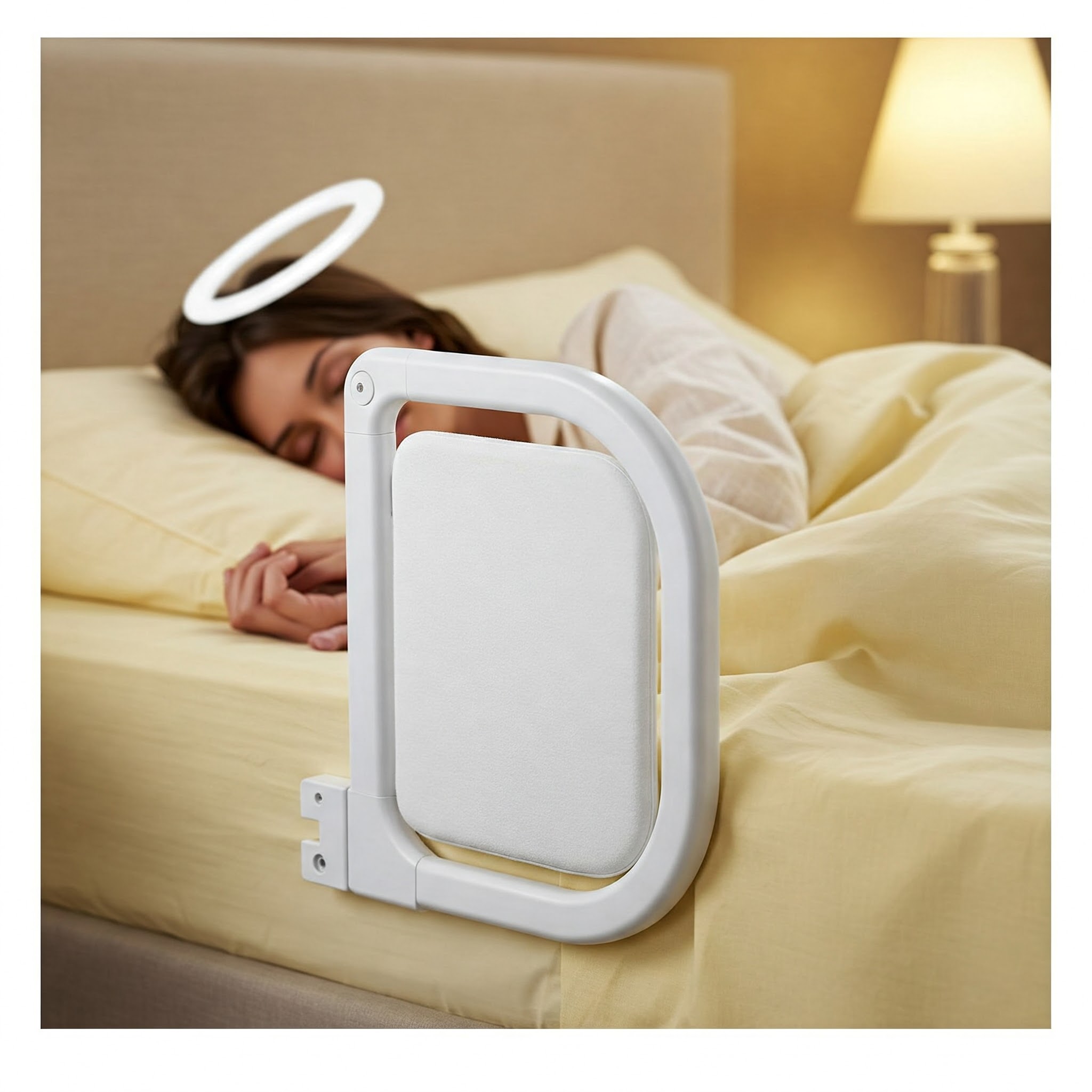 A close-up photo of a halo bed rail in the shape of a halo, attached to the side of a bed with a person sleeping soundly inside.