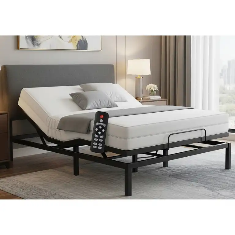 An adjustable queen metal bed frame with a mattress, featuring a sleek black finish and remote control for various positions.