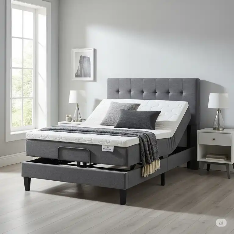 A modern gray fabric bed frame for adjustable base with headboard, showcasing a mattress in a raised position perfect for reading or watching TV.