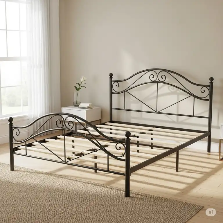 A beautiful full-size bed frame rails full with durable metal rails clearly visible, ready for mattress support.