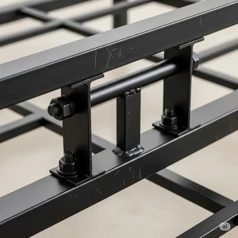 A close-up shot of a durable, black metal bed frame rails with a built-in center support, highlighting the hardware and brackets used for secure assembly.
