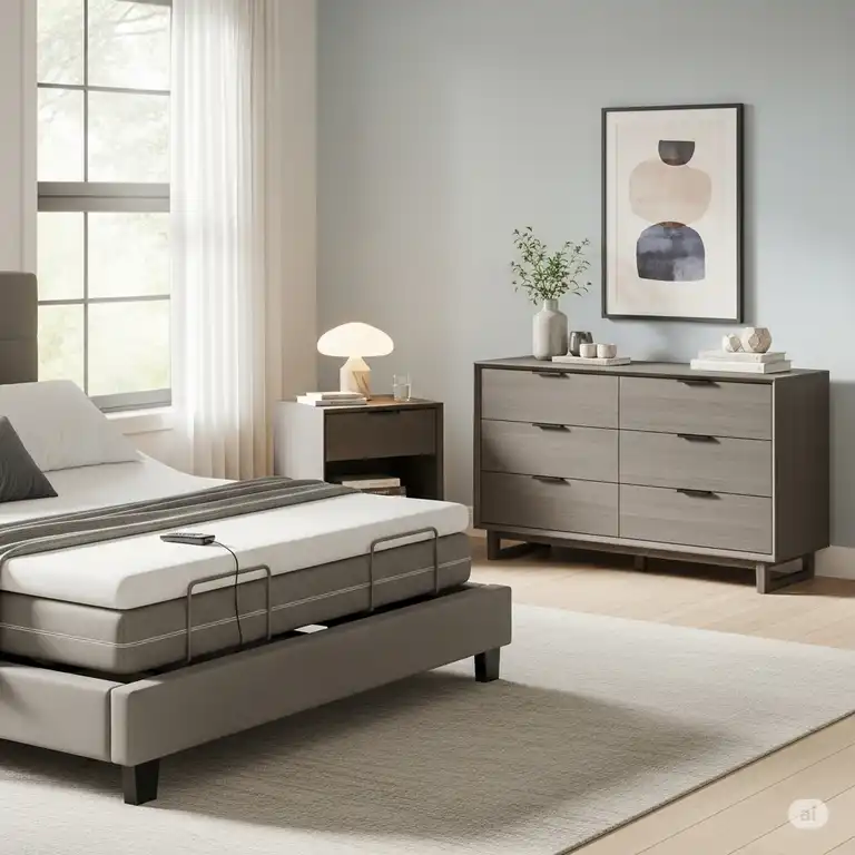 A complete bedroom set for an adjustable bed, including a nightstand and dresser.