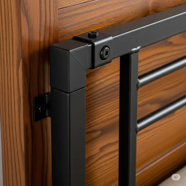 Close-up of black metal california king bed rails attached to a wooden headboard, showing the sturdy support.