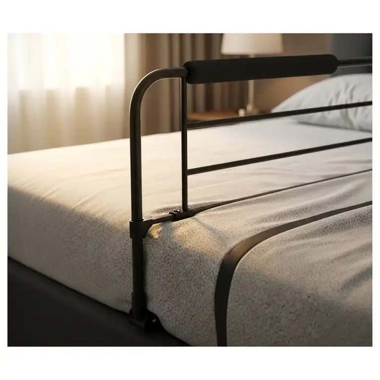 A close-up shot of an extra tall bed rail for adults, securely attached to a mattress, providing a sense of safety and support.