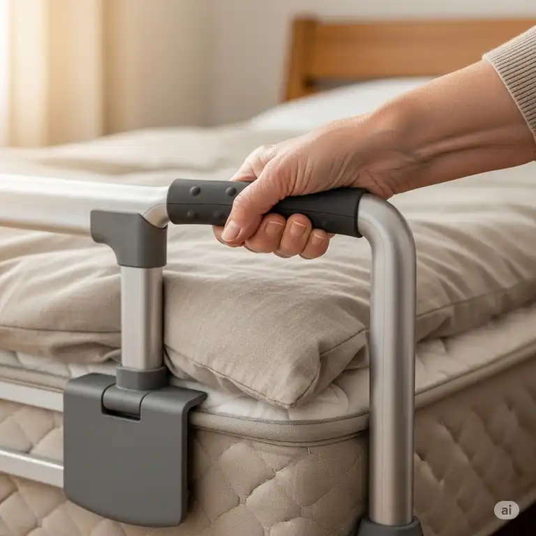 a close-up shot of a half bed rail for elderly, securely attached to a mattress, with a hand holding the ergonomic handle for support.