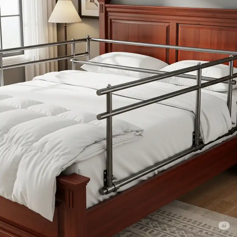 A set of sturdy metal king bed rails attached to a wooden headboard and footboard, providing reliable support for a large mattress.