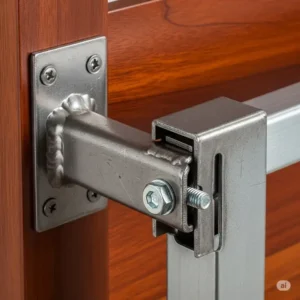 Close-up view of the easy-to-assemble metal bracket connecting the twin size metal bed rails to a headboard and footboard.