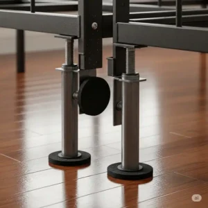 The adjustable support legs and floor glides on the twin size metal bed rails, designed to protect floors and provide additional stability.