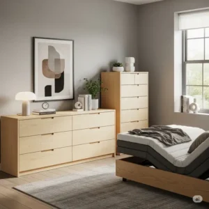 A storage for an adjustable bed bedroom set, showcasing a low-profile dresser and chest of drawers complementing a bedroom set designed for an adjustable bed.