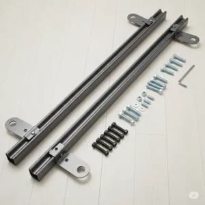 A complete set of two twin size metal bed rails laid out, showing all necessary hardware for assembly.