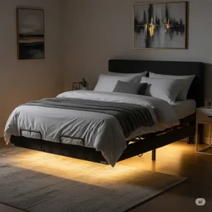 Under-bed lighting on a full-size adjustable bed frame.