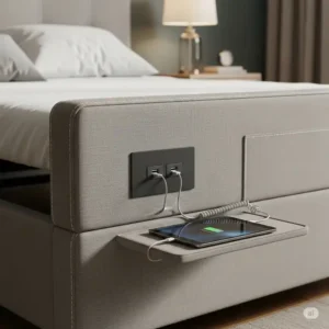 USB ports on a full-size adjustable bed frame.