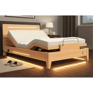 Feature shot of an adjustable bed frame queen split with built-in under-bed lighting, perfect for late-night navigation.