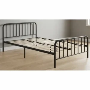 An assembled twin size metal bed rails frame, illustrating a clean, finished look that is ready for a mattress.