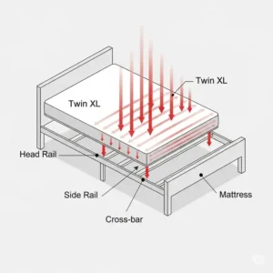 A diagram showing the weight distribution on twin xl bed frame rails, with arrows pointing to the support points. This illustrates how the twin xl bed frame rails effectively support a mattress and foundation.
