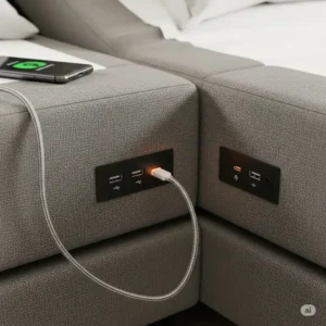 A close-up of the USB charging ports on an adjustable bed frame queen split, convenient for charging devices.