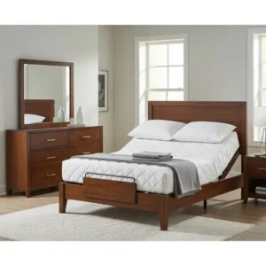 A complete bedroom set for an adjustable bed setup, including a bed frame, dresser, and mirror.