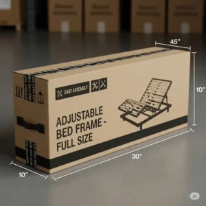 A box containing a full-size adjustable bed frame.