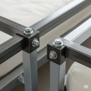 Detail of the heavy-duty metal crossbars that connect the twin size metal bed rails for enhanced support and preventing sagging.