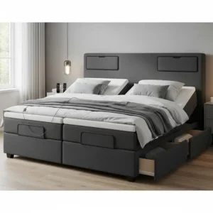 An adjustable bed with built-in storage drawers.
