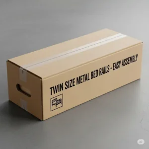 A compact, well-packaged box containing twin size metal bed rails, showing how the product is shipped for convenience.