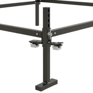 A close-up view of a center support leg on twin xl bed frame rails, showing the glides and adjustable height feature. This image emphasizes the stability and floor protection offered by the twin xl bed frame rails.